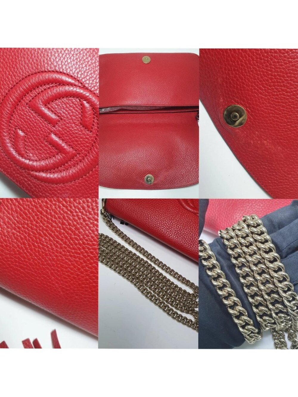 Authentic Gucci Soho Leather Chain Flap Crossbody Red | GG Logo Shoulder Bag - Picture 8 of 12